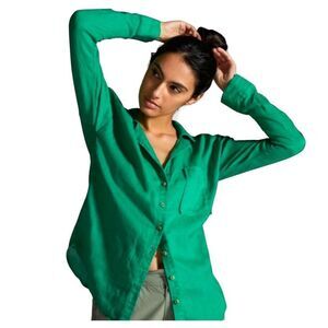Maeve 100% Linen‎ Kelly Green Button Down Long Sleeve Lagenlook XS Anthro